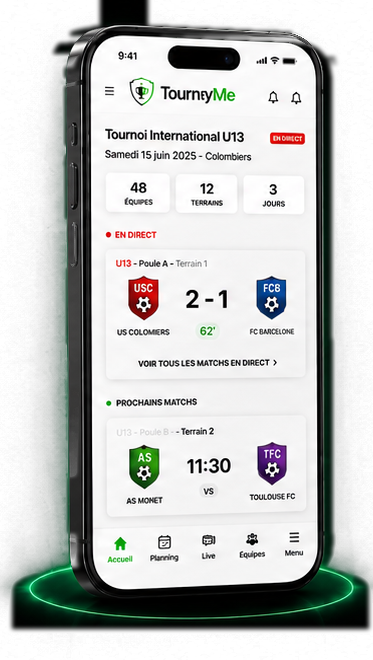 Application TournyMe affichant le suivi en direct d’un tournoi U13.